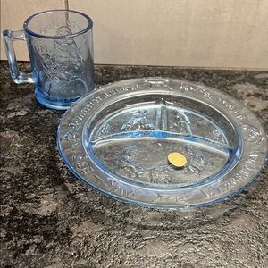 Vintage Blue Glass Child's Dining Set by Tiara. Nursery Rhymes. New with tags